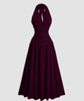 Maroon Flared Pleated Low-Neck Halter Tie Maxi Dress