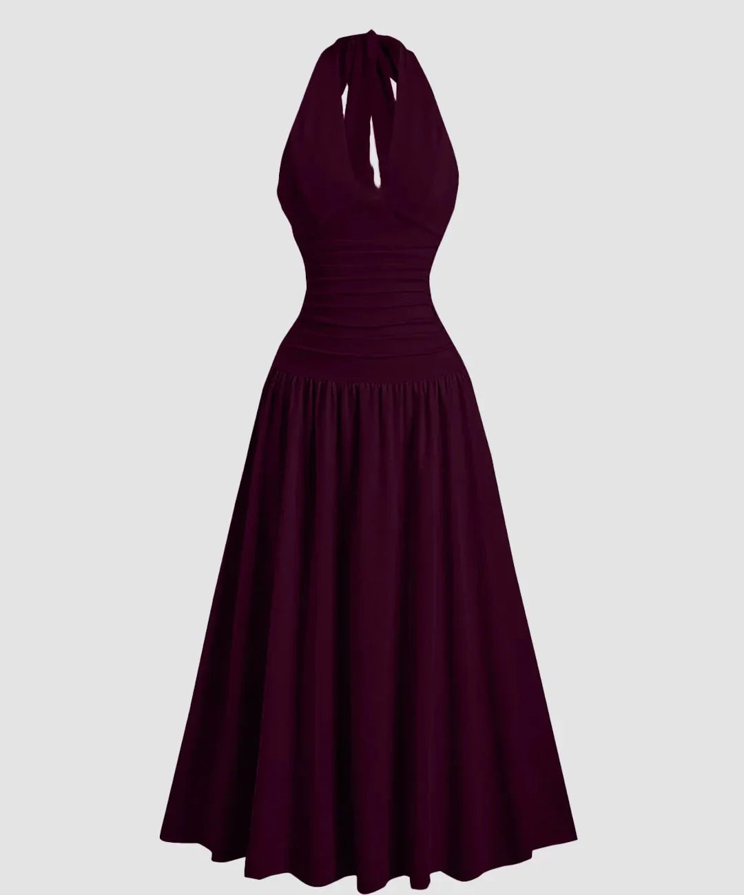 Maroon Flared Pleated Low-Neck Halter Tie Maxi Dress