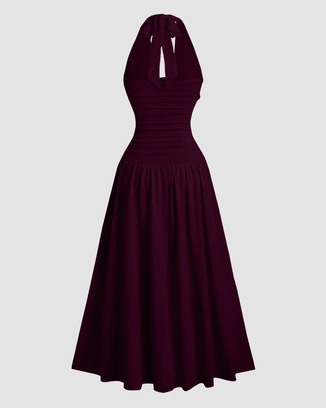 Maroon Flared Pleated Low-Neck Halter Tie Maxi Dress