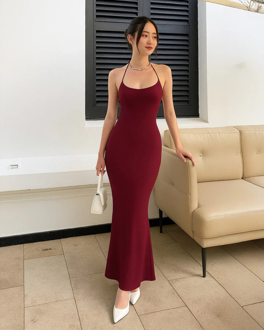 Halter Neck Bodycon Dress with Open Back in Maroon