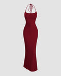 Halter Neck Bodycon Dress with Open Back in Maroon