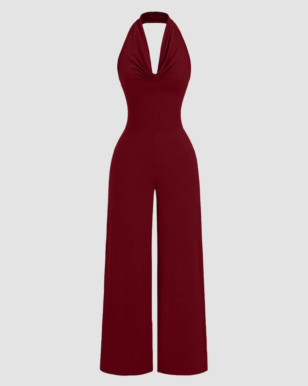 Maroon Halter Cowl Neck Wide Leg Jumpsuit