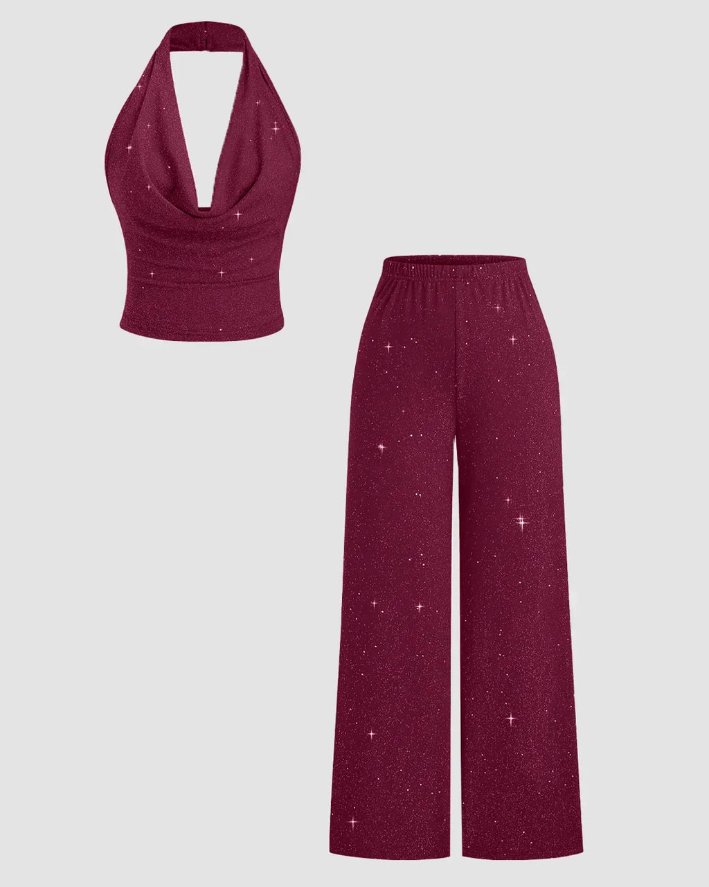 Maroon Halter Neck Crop Top & Wide-Leg Trousers Co-ords Set