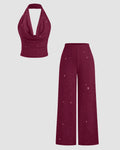 Maroon Halter Neck Crop Top & Wide-Leg Trousers Co-ords Set