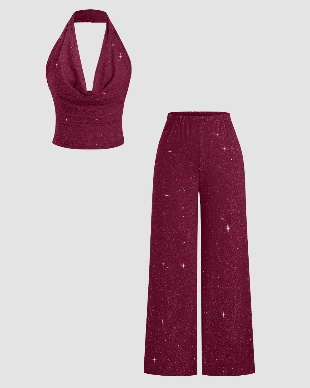 Maroon Halter Neck Crop Top & Wide-Leg Trousers Co-ords Set