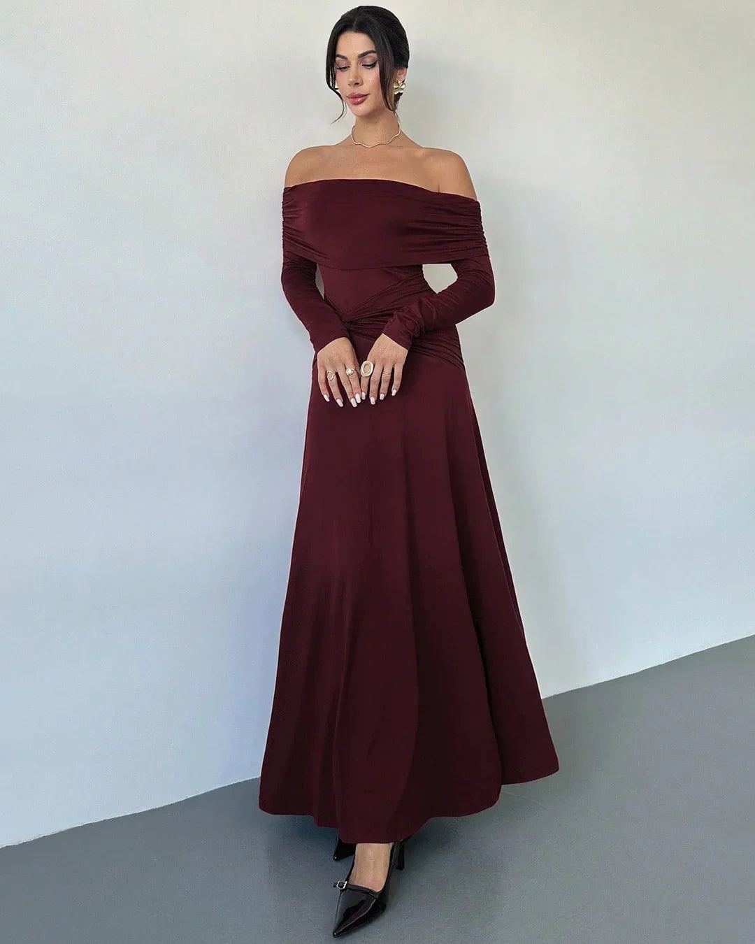 Maroon Off-Shoulder Ruched Waist A-Line Twist Maxi Dress