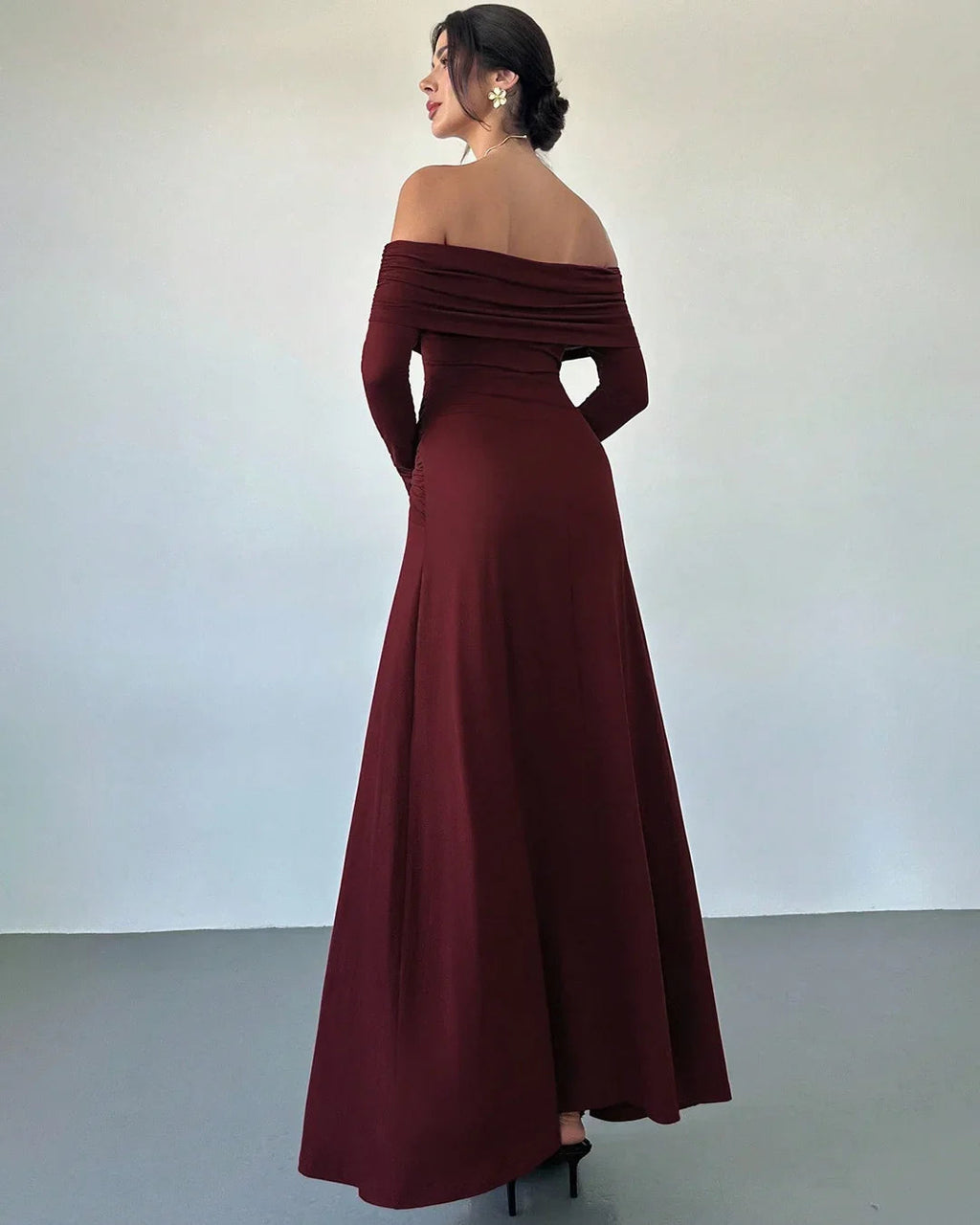 Maroon Off-Shoulder Ruched Waist A-Line Twist Maxi Dress