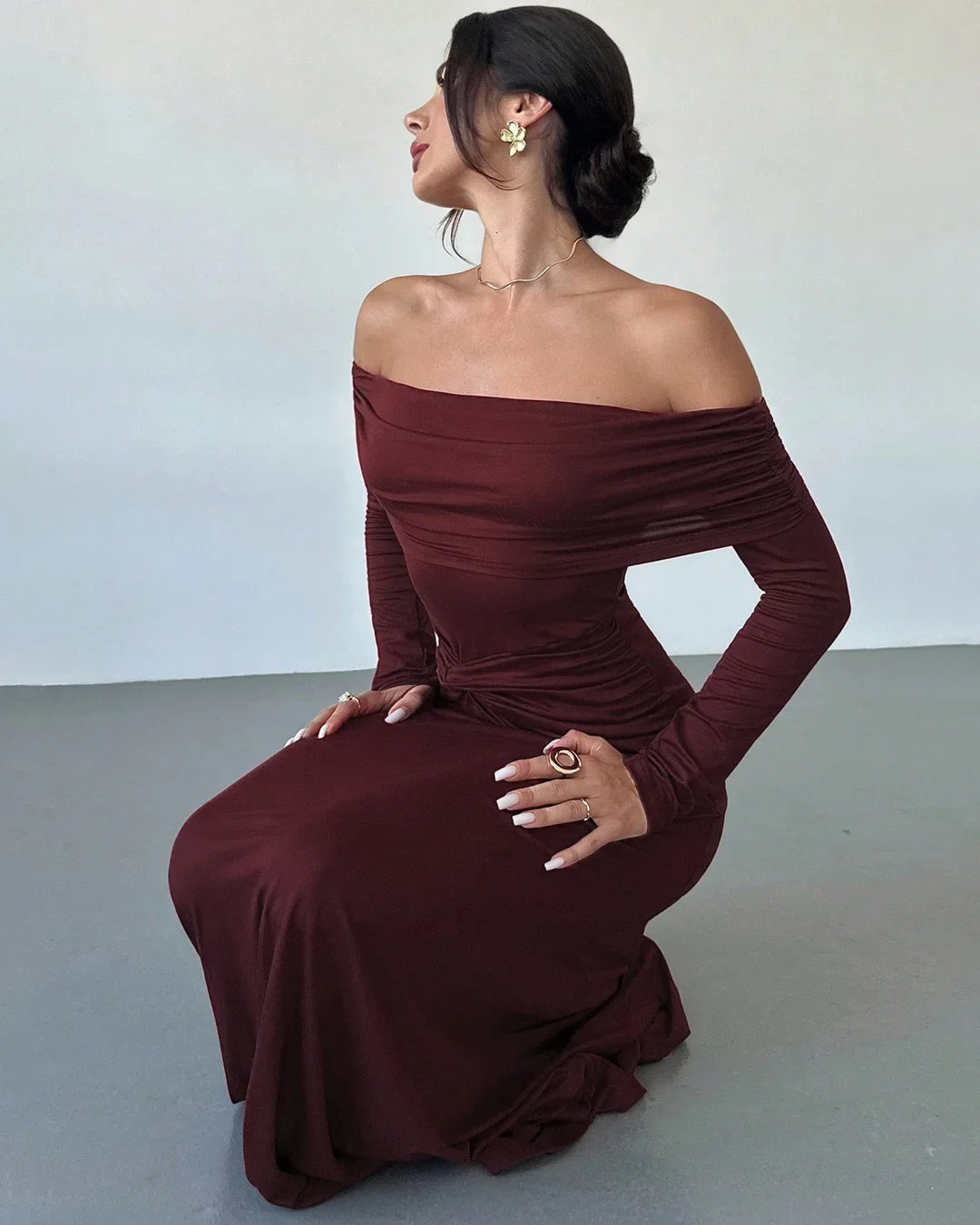 Maroon Off-Shoulder Ruched Waist A-Line Twist Maxi Dress
