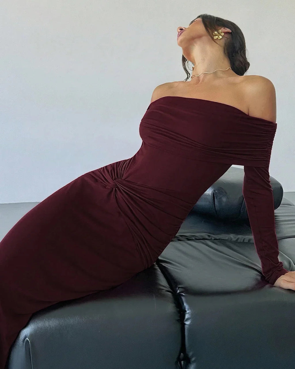 Maroon Off-Shoulder Ruched Waist A-Line Twist Maxi Dress
