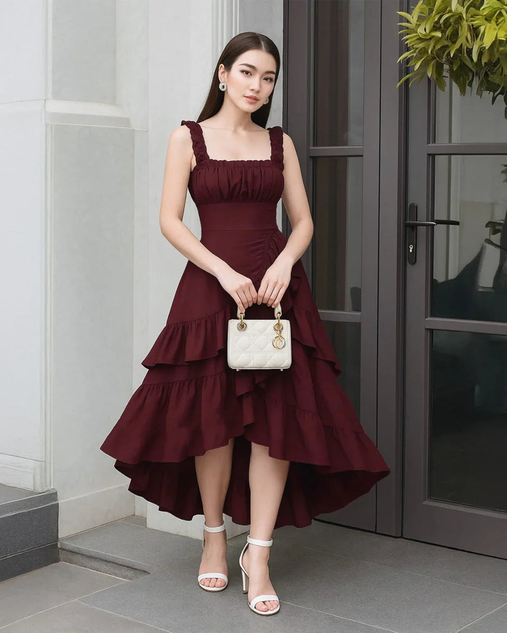 Maroon Ruched Square Neck Ruffle High-Low Midi Dress with Ruffle Hem