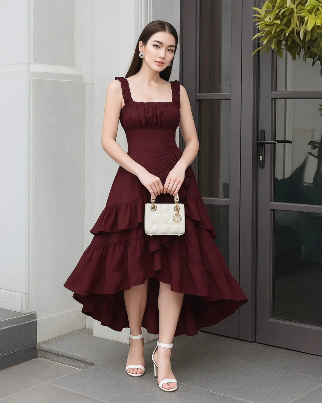 Maroon Ruched Square Neck Ruffle High-Low Midi Dress with Ruffle Hem