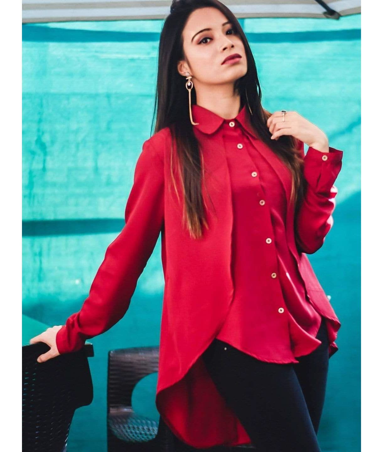 Ruffle Overlay Crepe Shirt - Pinkkup