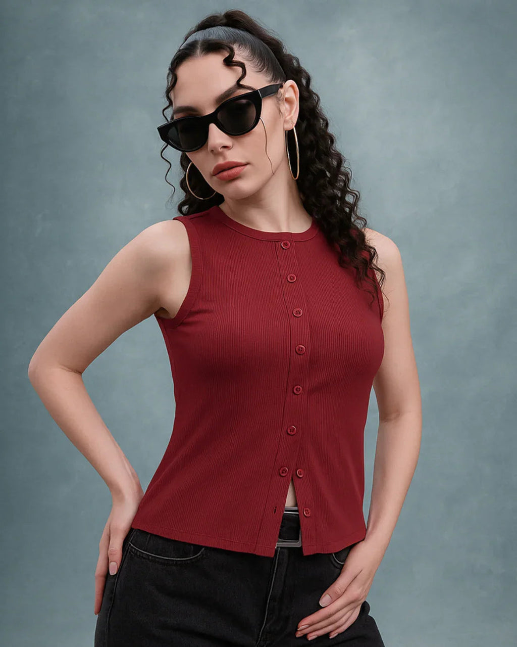 Maroon Sleeveless Ribbed Button-Front Top