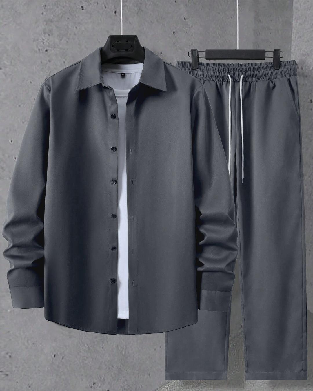 Men Casual Solid Long Sleeve Shirt and Pants Set