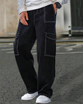 Men Going Out Y2k Loose Top Stitched Waist Baggy Cargo Jeans In Black