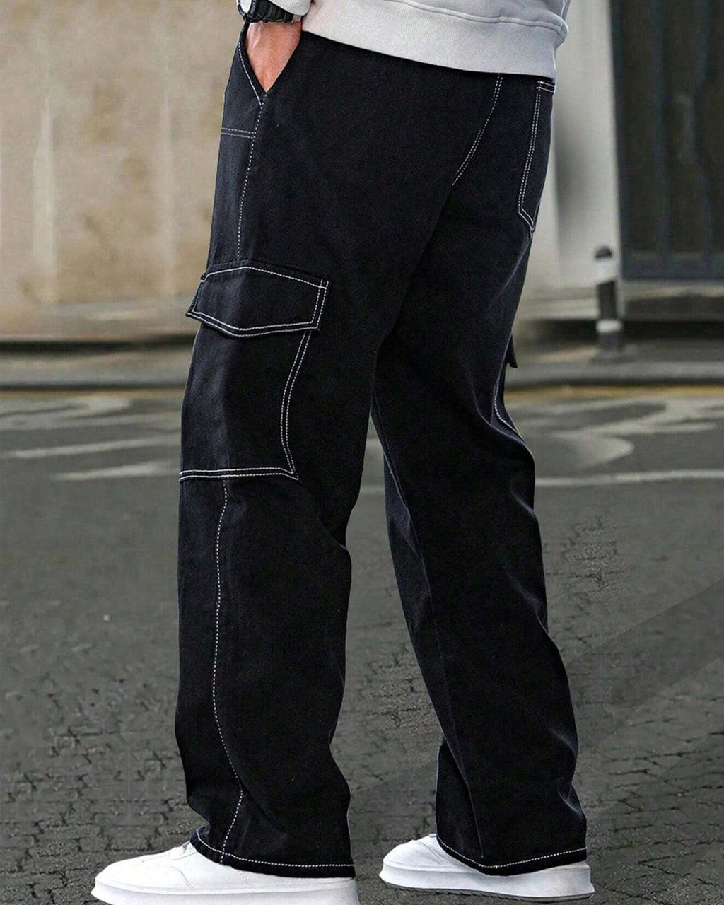 Men Going Out Y2k Loose Top Stitched Waist Baggy Cargo Jeans In Black
