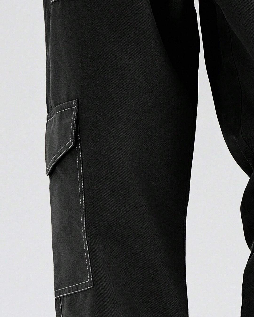 Men Going Out Y2k Loose Top Stitched Waist Baggy Cargo Jeans In Black
