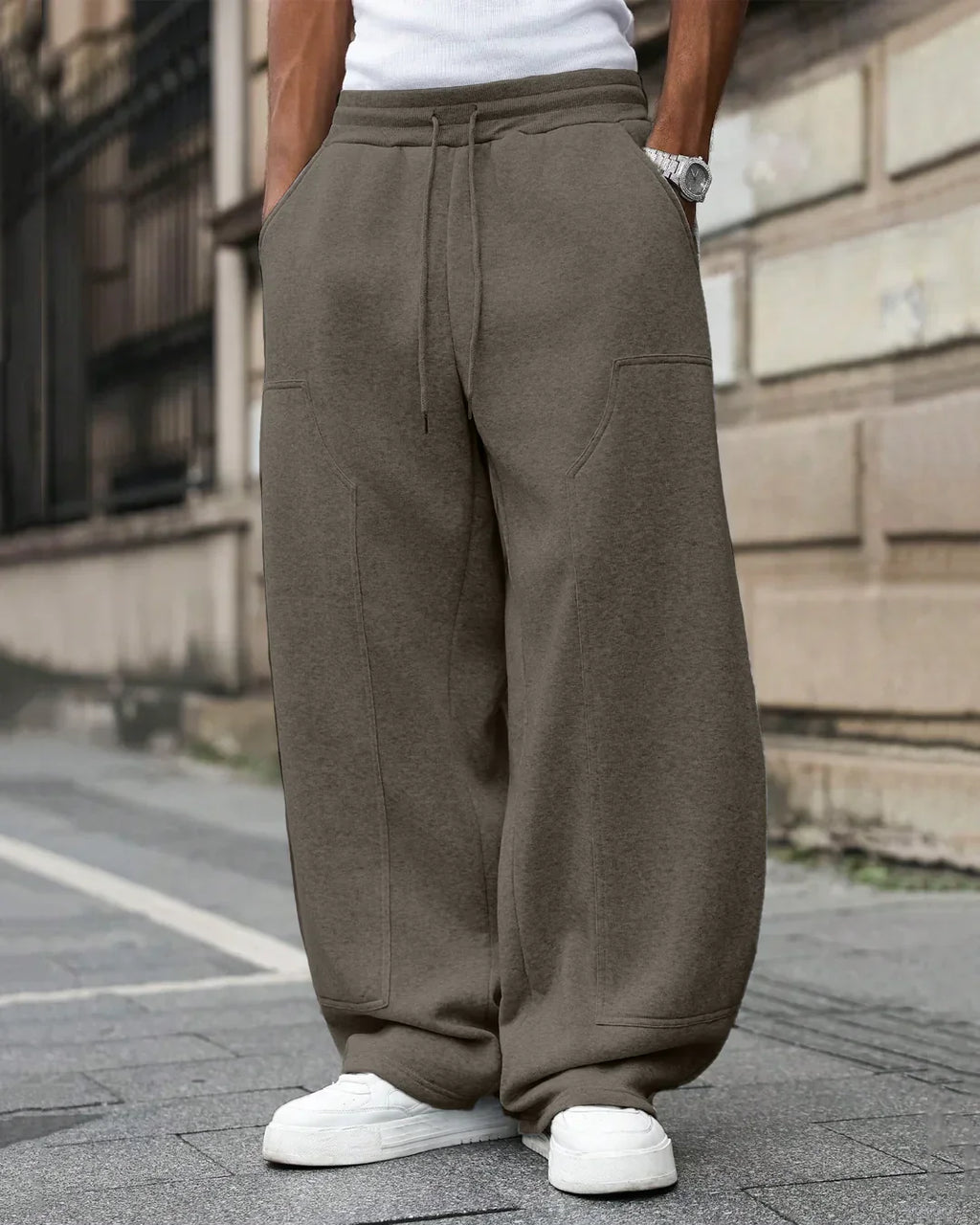 Men Oversized Drawstring Sweat Track Pants in Grey