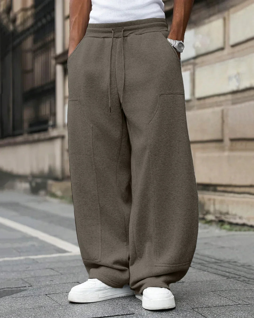 Men Oversized Drawstring Sweat Track Pants in Grey