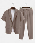 Men Solid Color Autumn Streetwear Short Sleeve Blazer & Pants In Brown