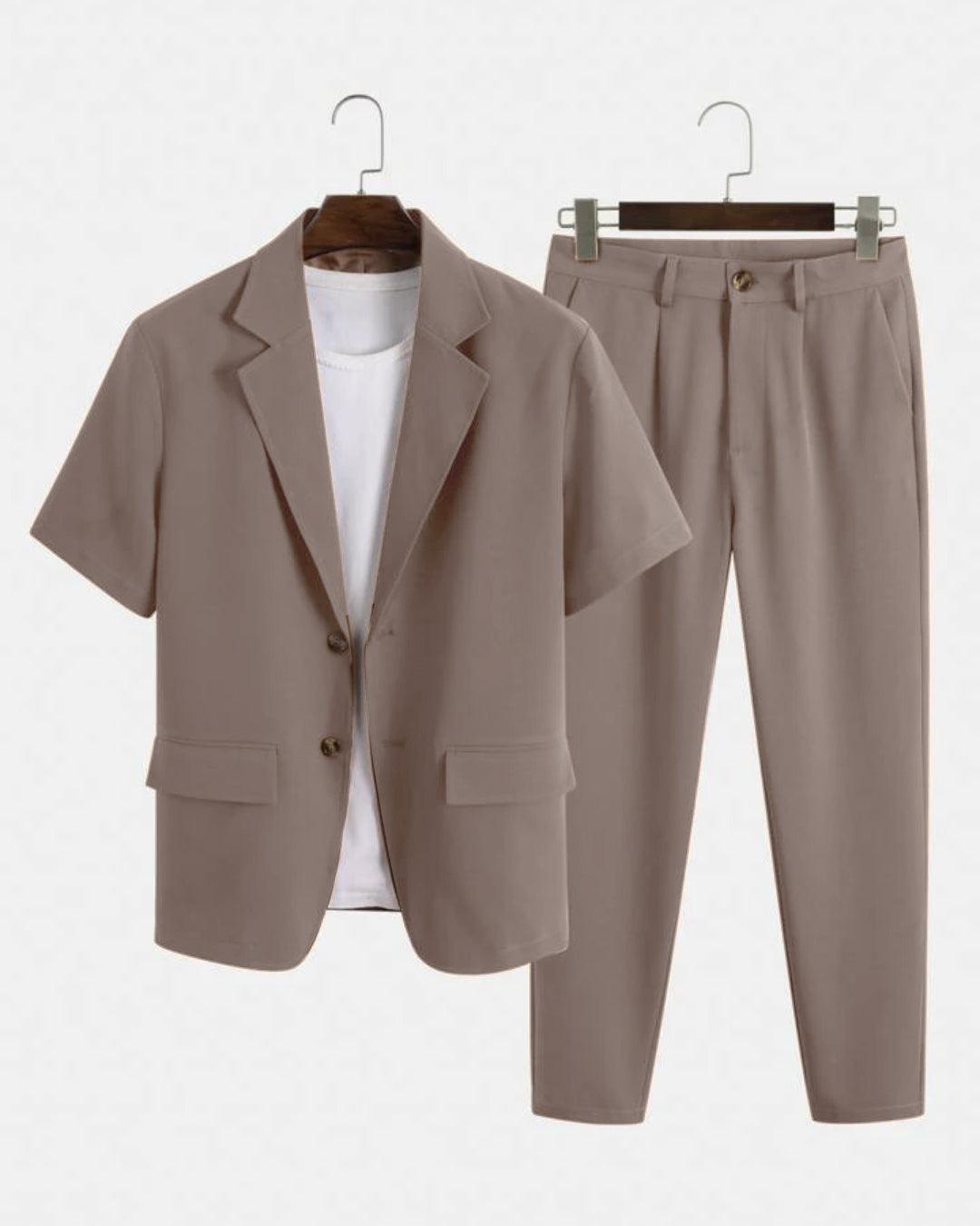 Men Solid Color Autumn Streetwear Short Sleeve Blazer & Pants In Brown