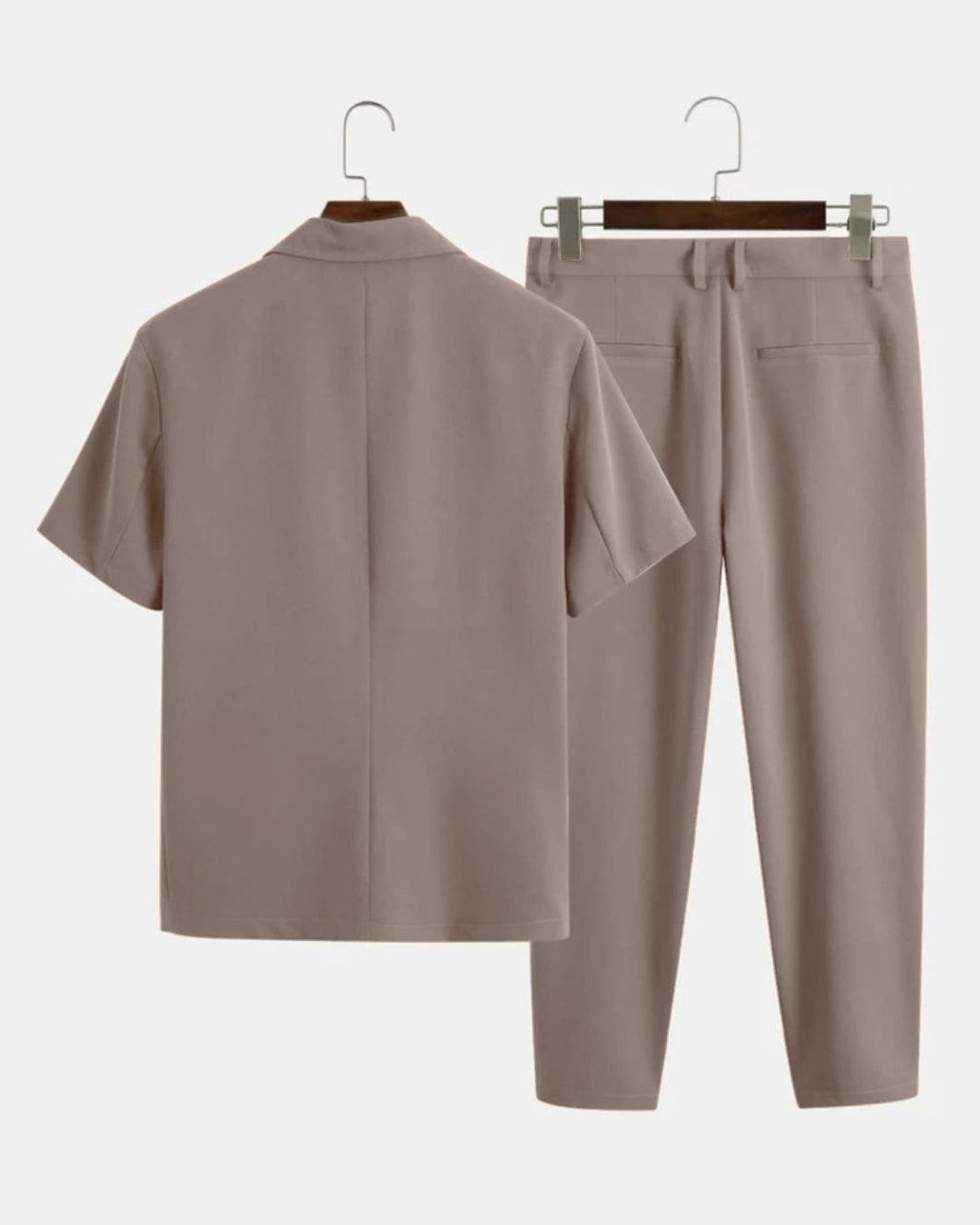 Men Solid Color Autumn Streetwear Short Sleeve Blazer & Pants In Brown