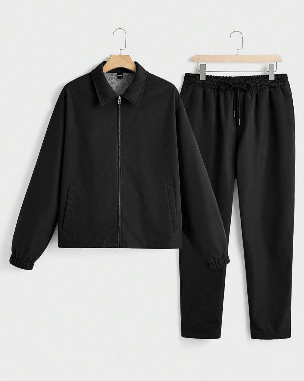 Men Stand Collar Long Sleeve Slim Fit Jacket And Pant In Black