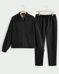 Men Stand Collar Long Sleeve Slim Fit Jacket And Pant In Black