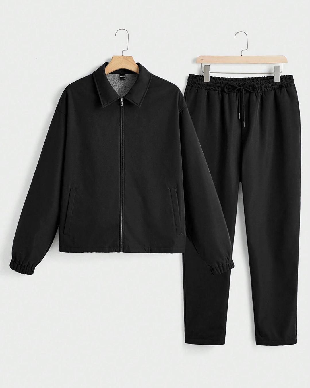 Men Stand Collar Long Sleeve Slim Fit Jacket And Pant In Black