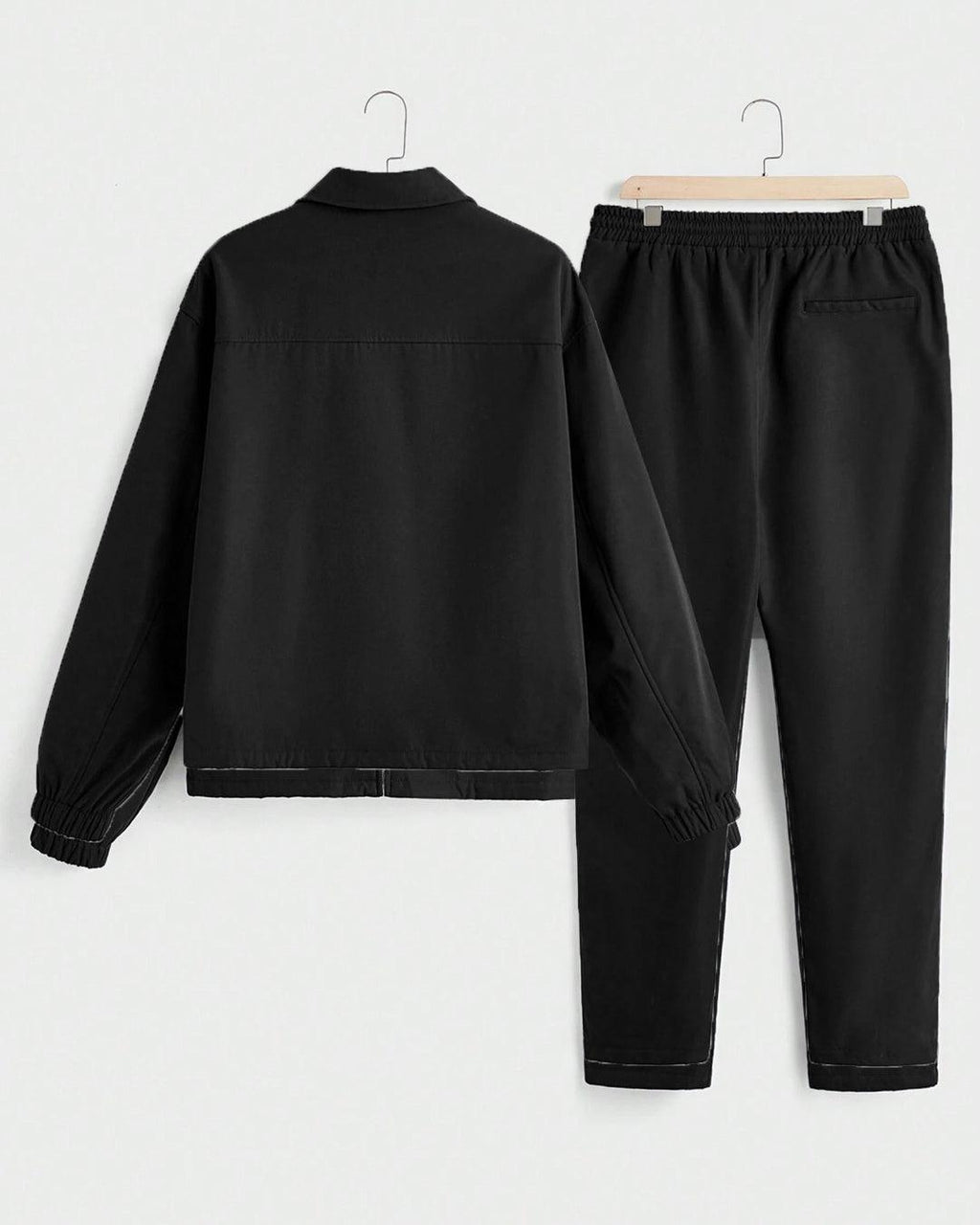 Men Stand Collar Long Sleeve Slim Fit Jacket And Pant In Black