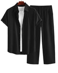 Men Two Piece Outfits Summer Comfortable Casual Short Sleeves Shirt And Pant In Black Without Tee