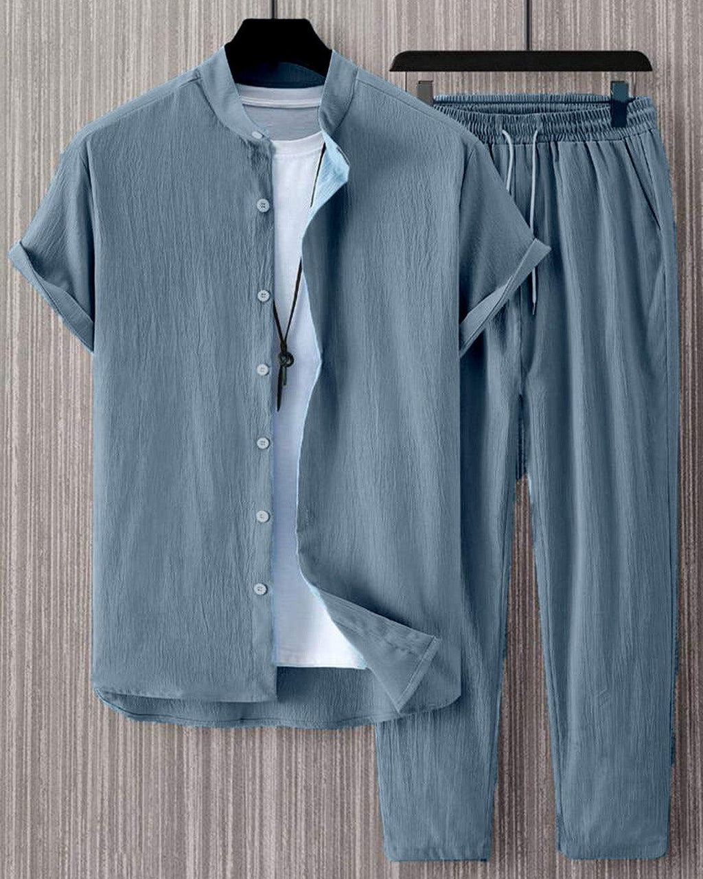 Men Two Piece Outfits Summer Comfortable Casual Short Sleeves Shirt And Pant In Blue Without Tee