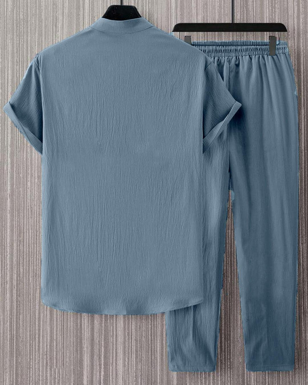 Men Two Piece Outfits Summer Comfortable Casual Short Sleeves Shirt And Pant In Blue Without Tee
