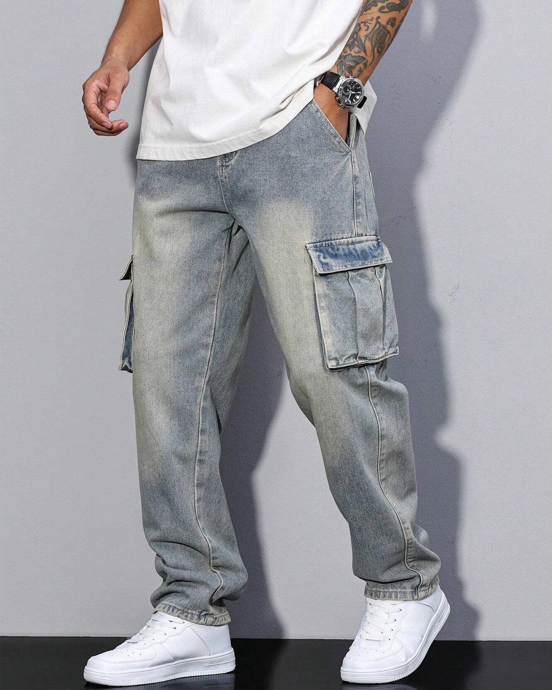 Men Casual Street Flap Pocket Loose Straight Leg Cargo Denim Jeans, Plain Long Distressed Straight Leg Cargo Light Blue