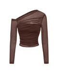 Mesh Asymmetrical Long-Sleeve Top In Coco Brown