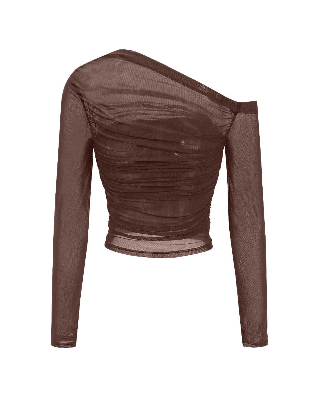 Mesh Asymmetrical Long-Sleeve Top In Coco Brown