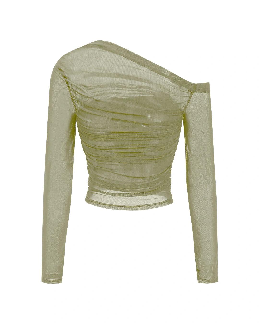 Mesh Asymmetrical Long-Sleeve Top In Herbal Green