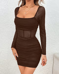 Mesh Contrast High Waist Ruffle Bodycon Dress in Coco
