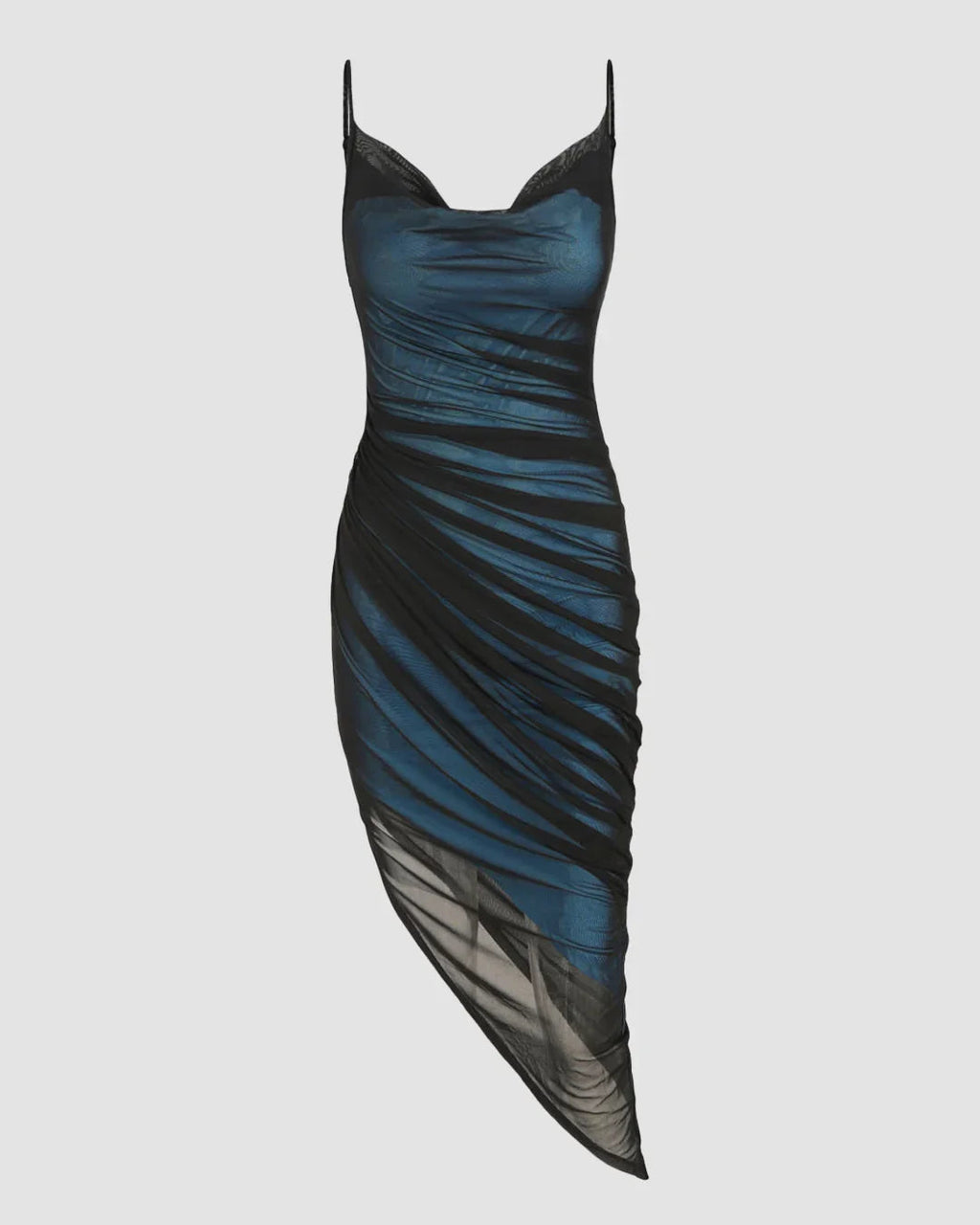 Mesh Cowl Neck Ruched Midi Dress in Black And Blue