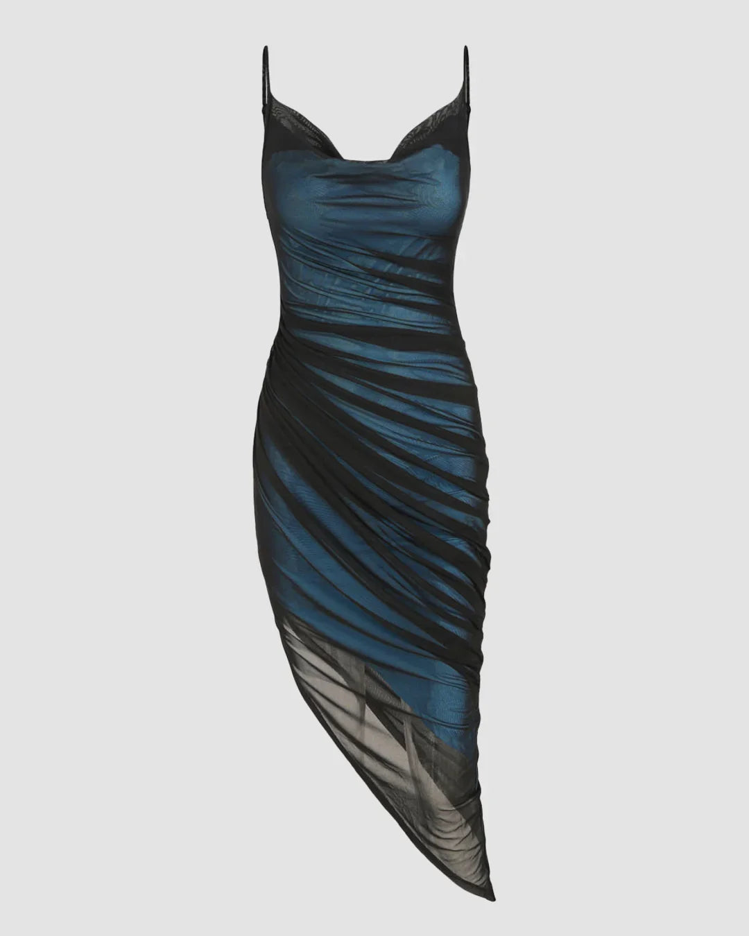 Mesh Cowl Neck Ruched Midi Dress in Black And Blue