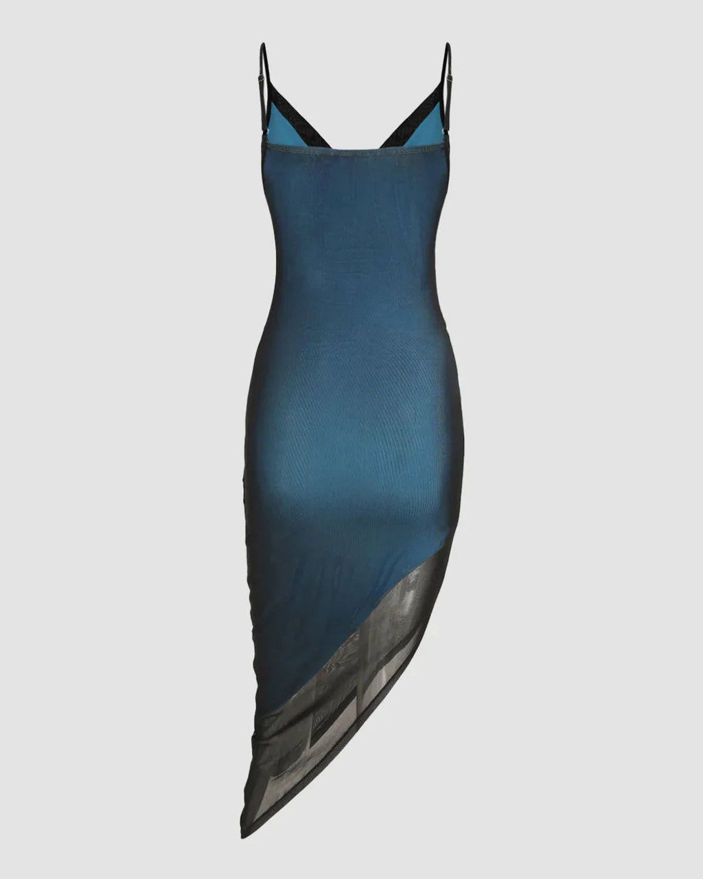 Mesh Cowl Neck Ruched Midi Dress in Black And Blue