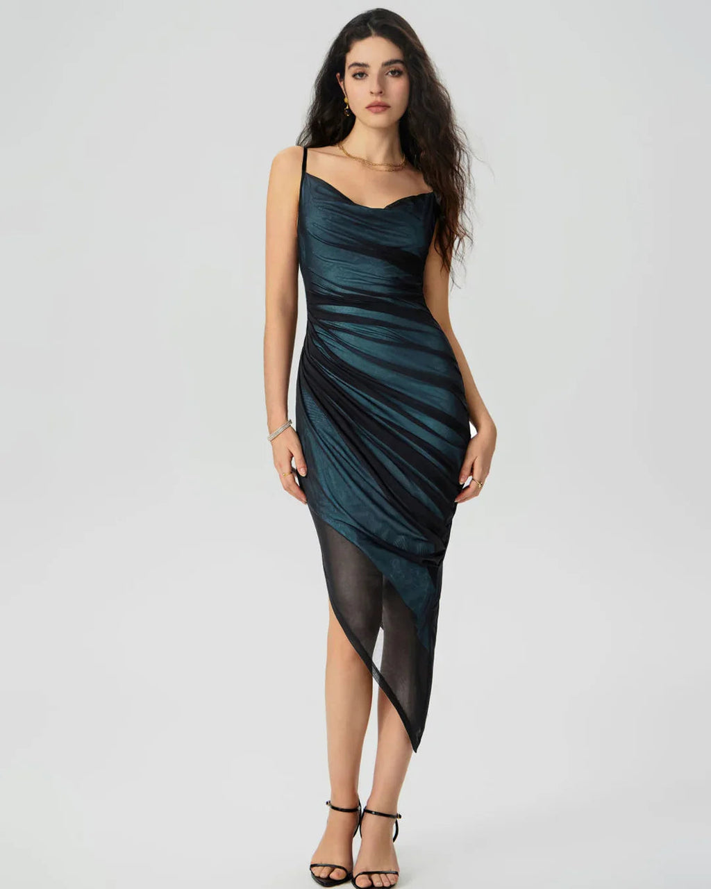 Mesh Cowl Neck Ruched Midi Dress in Black And Blue