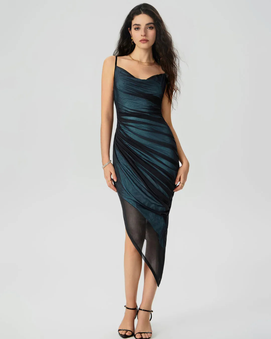 Mesh Cowl Neck Ruched Midi Dress in Black And Blue