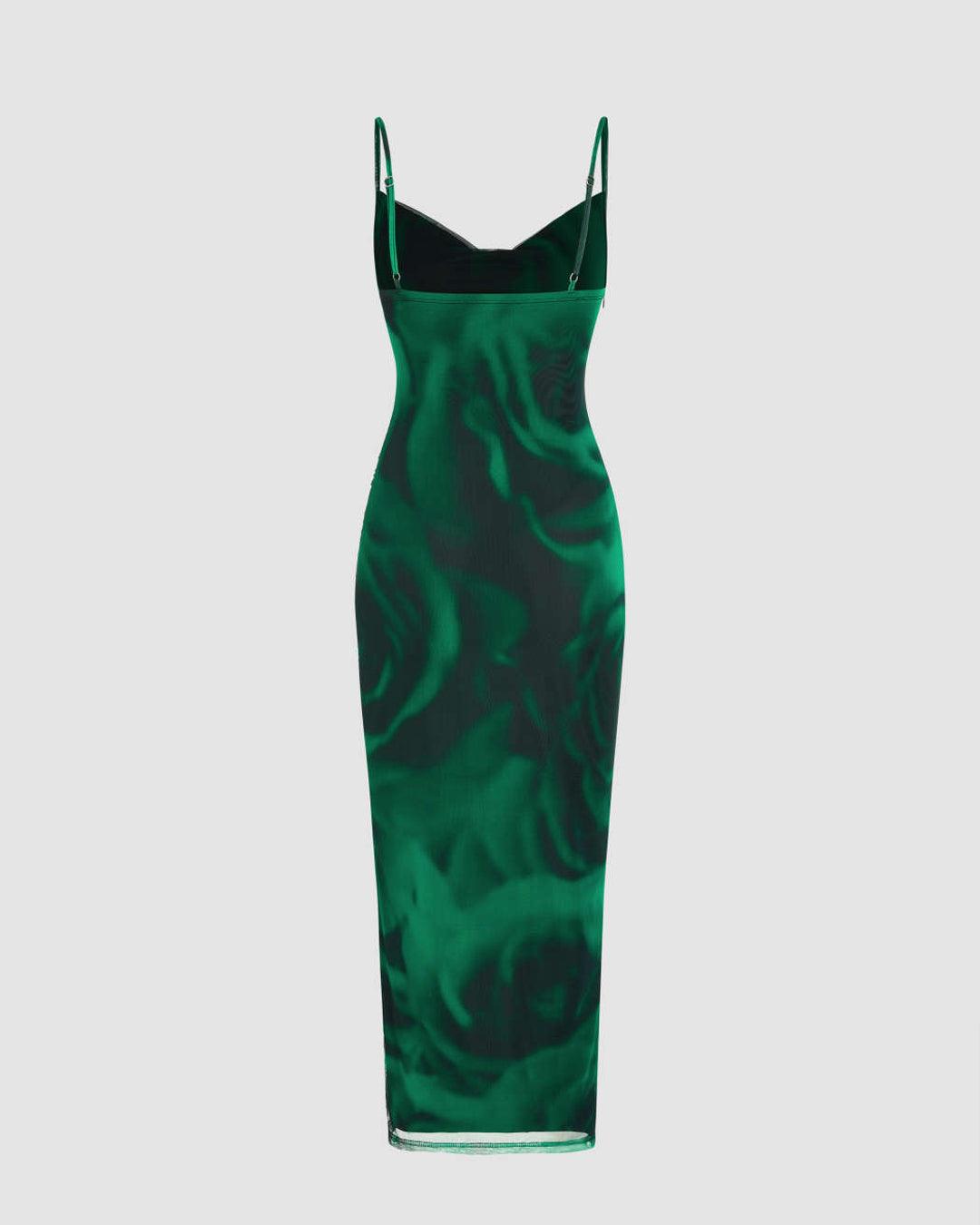 Mesh Cowl Neck Ruched Split Green Midi Dress