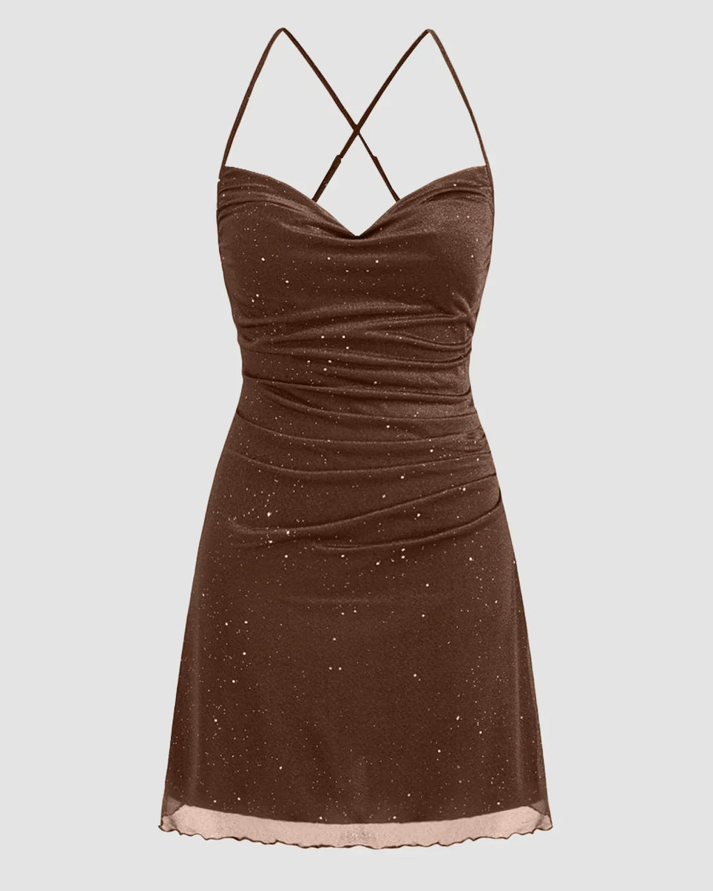Mesh Cowl Neck Sequin Ruched Mini Dress in Brown