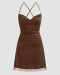Mesh Cowl Neck Sequin Ruched Mini Dress in Brown