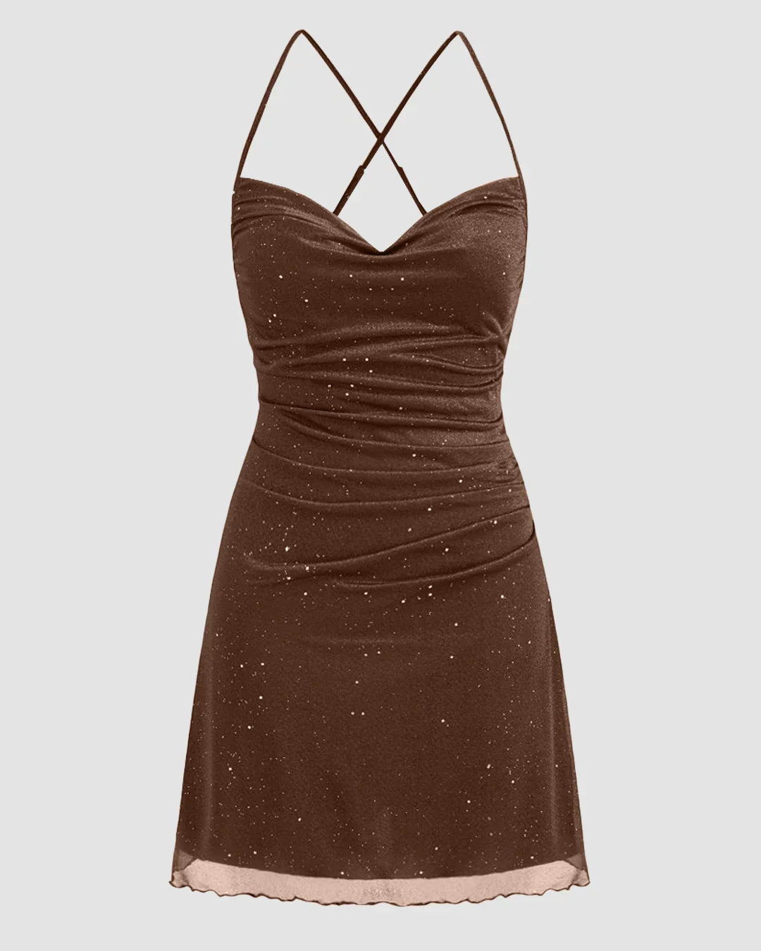 Mesh Cowl Neck Sequin Ruched Mini Dress in Brown