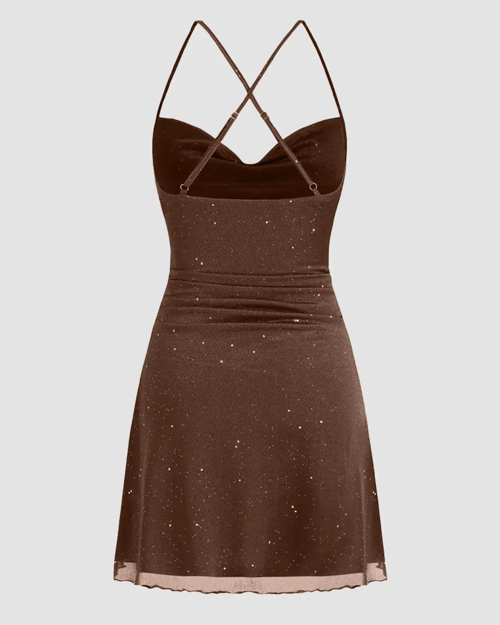 Mesh Cowl Neck Sequin Ruched Mini Dress in Brown