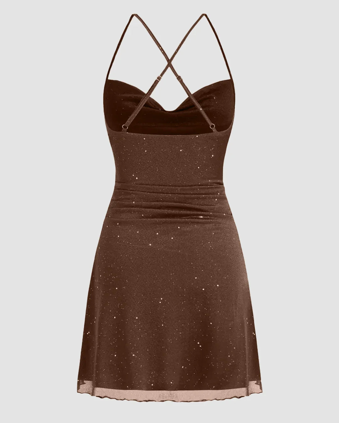 Mesh Cowl Neck Sequin Ruched Mini Dress in Brown