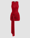 Mesh Draped Ruched Knotted Sleeveless Mini Dress in Red
